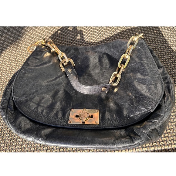 Tory Burch Gold Black Leather & Canvas Chain Linked Over-the-Shoulder Hobo Bag - Picture 8 of 13